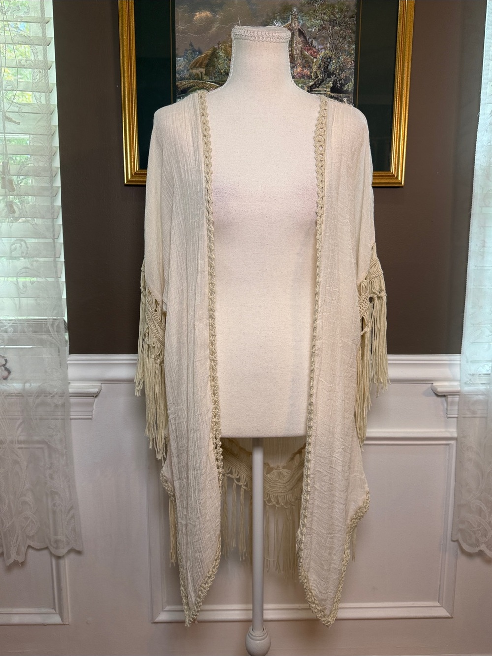 Rebellion Again Cream Crochet Fringe Boho Kimono Cover-Up L